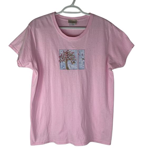 Top Stitch By Morning Sun Pink Tee Size L Spring Embroidery Summer 100% Cotton - Picture 1 of 6